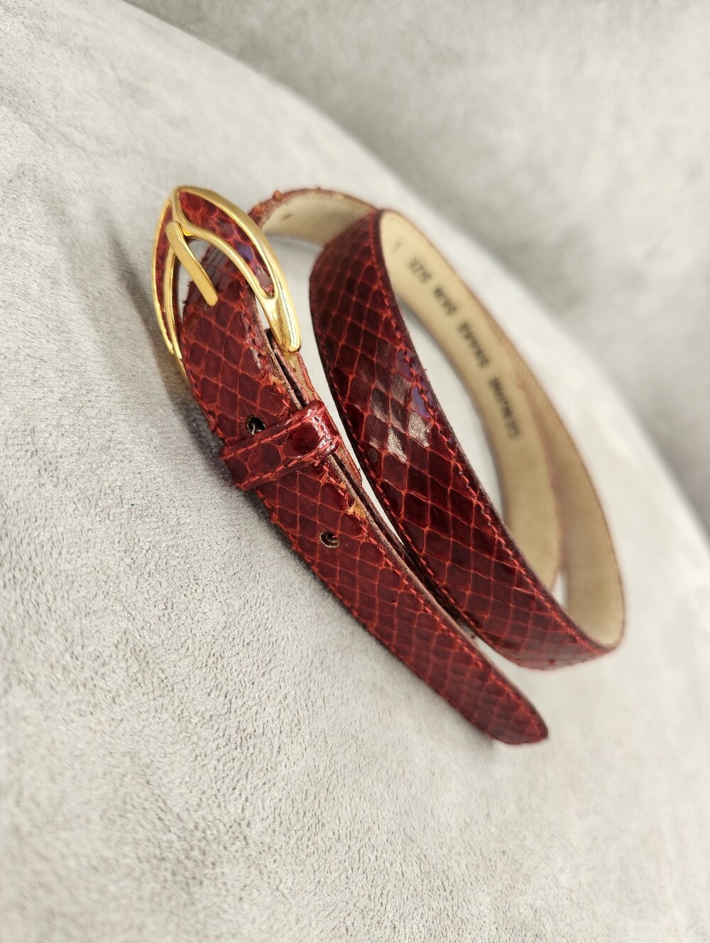 Vintage 90s Belt Women's L Burgundy Red Genuine Snake Skin Glossy Slim Classic